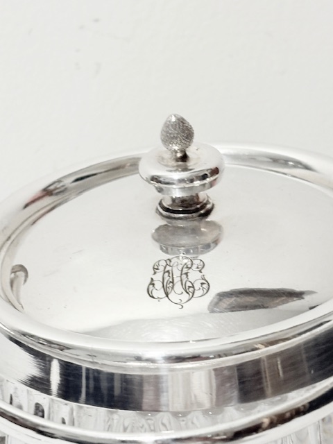 Antique Silver Plated and Cut Glass Biscuit Barrel with Swing Handle Antique Silver Plated and Cut Glass Biscuit Barrel with Swing Handle