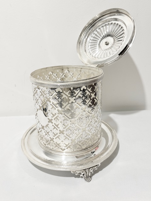 Antique Silver Plated Biscuit Box on a Circular Tray Antique Silver Plated Biscuit Box on a Circular Tray