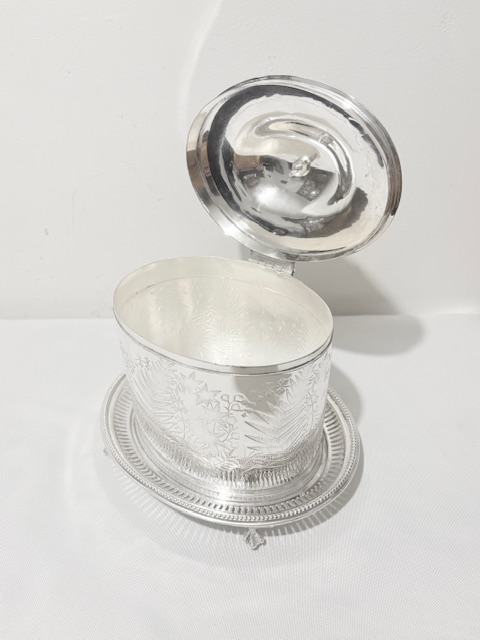 Antique Oval Silver Plated Biscuit Box Engraved with Ferns