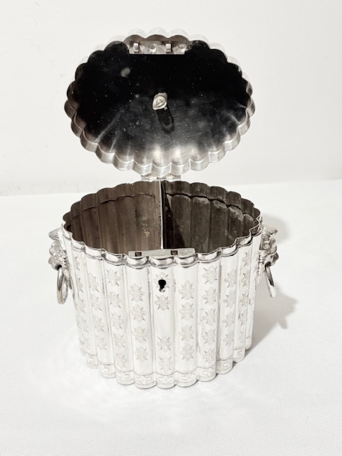 Antique Oval Silver Plated Tea Caddy with Lions Head Handles