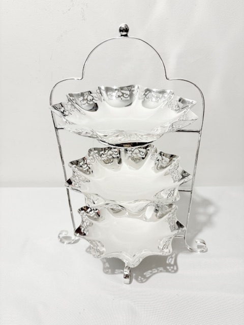 Antique Silver Plated Three Tier Cake Stand on 4 Curled Feet Antique Silver Plated Three Tier Cake Stand on 4 Curled Feet
