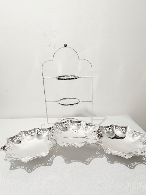 Antique Silver Plated Three Tier Cake Stand on 4 Curled Feet Antique Silver Plated Three Tier Cake Stand on 4 Curled Feet
