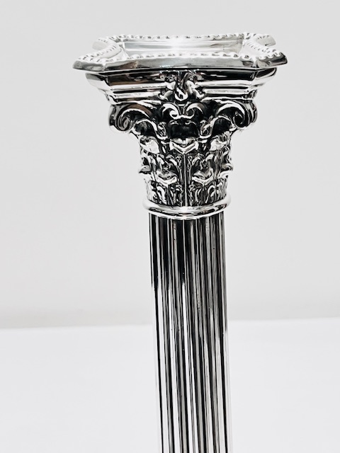 Pair of Antique Silver Plated Traditional Design Corinthian Column Candlesticks