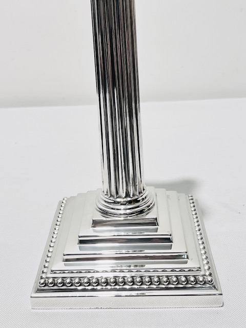 Pair of Antique Silver Plated Traditional Design Corinthian Column Candlesticks