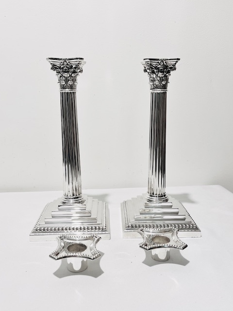 Pair of Antique Silver Plated Traditional Design Corinthian Column Candlesticks