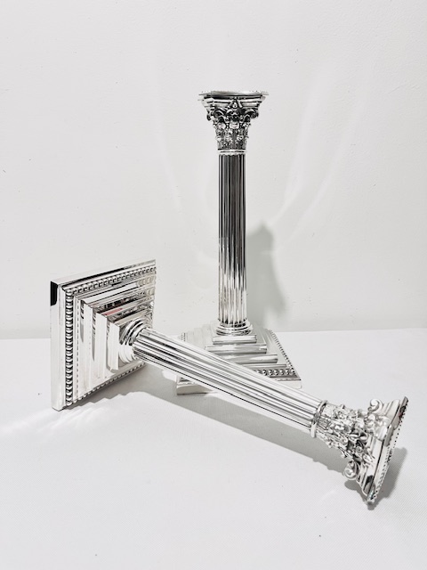 Pair of Antique Silver Plated Traditional Design Corinthian Column Candlesticks