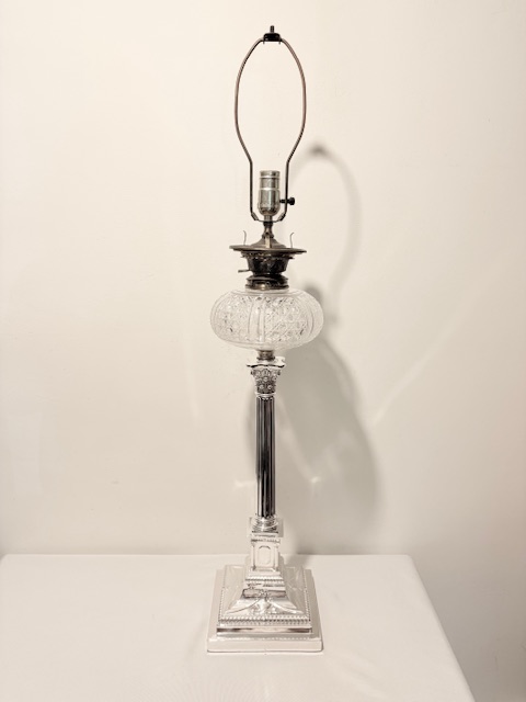 Antique Silver Plated Converted Oil Corinthian Column Table Lamp