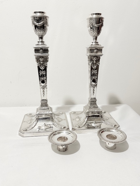 Handsome Pair of Old Sheffield Antique Candlesticks on Square Bases Handsome Pair of Old Sheffield Antique Candlesticks on Square Bases