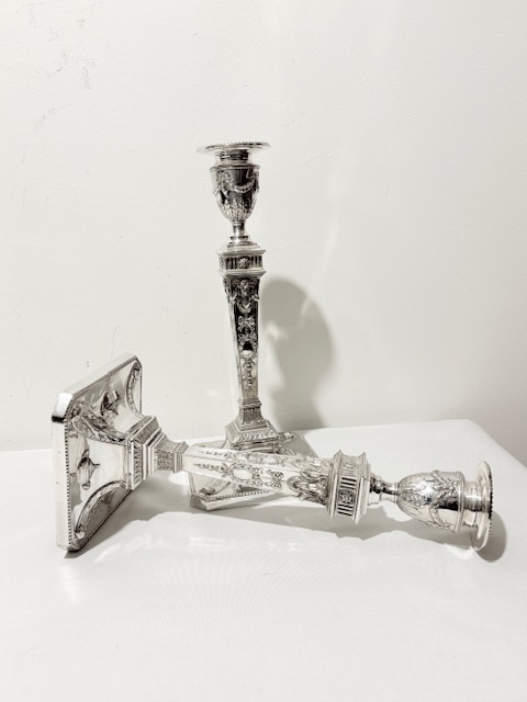 Handsome Pair of Old Sheffield Antique Candlesticks on Square Bases Handsome Pair of Old Sheffield Antique Candlesticks on Square Bases
