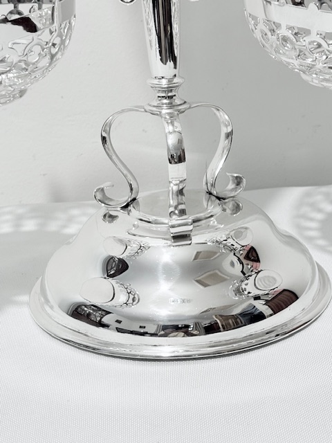 Antique Silver Plated Epergne with Central Flower Vase and Two Pierced Bowls
