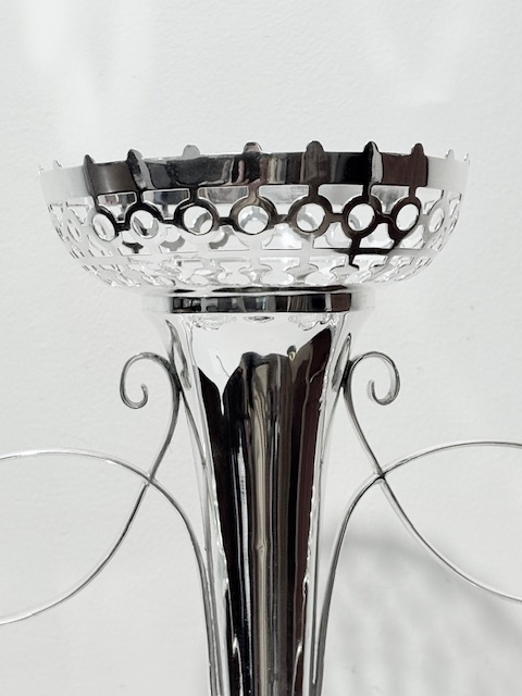 Antique Silver Plated Epergne with Central Flower Vase and Two Pierced Bowls