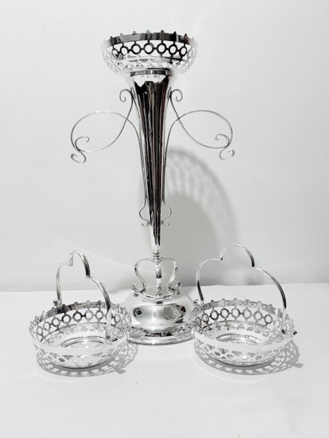 Antique Silver Plated Epergne with Central Flower Vase and Two Pierced Bowls