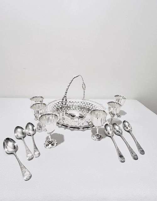 Antique Silver Plated Egg Cruet Shaped Like a Flower Basket