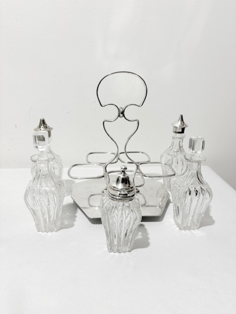 Antique Silver Plated and 5 Cut Glass Bottle Cruet Antique Silver Plated and 5 Cut Glass Bottle Cruet
