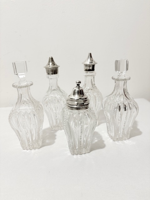Antique Silver Plated and 5 Cut Glass Bottle Cruet Antique Silver Plated and 5 Cut Glass Bottle Cruet