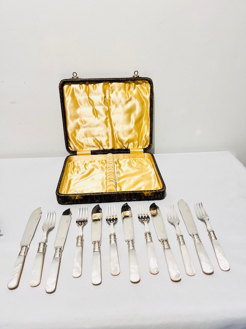 Antique Silver Plated with Mother of Pearl Handles Set of Fish Cutlery