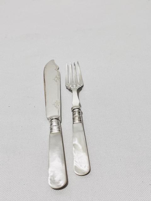 Antique Silver Plated with Mother of Pearl Handles Set of Fish Cutlery
