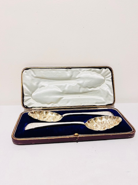Pair of Dessert or Berry Serving Spoons Embossed with Fruit and Gilded