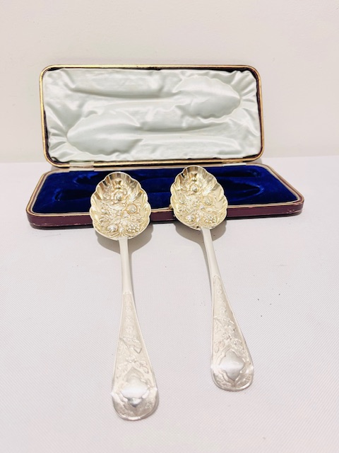 Pair of Dessert or Berry Serving Spoons Embossed with Fruit and Gilded