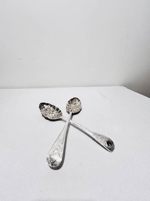 Pair of Dessert or Berry Serving Spoons Embossed with Fruit and Gilded