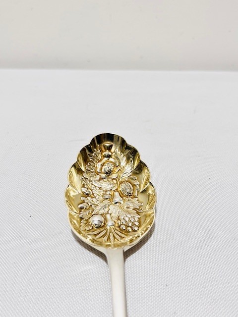 Pair of Dessert or Berry Serving Spoons Embossed with Fruit and Gilded