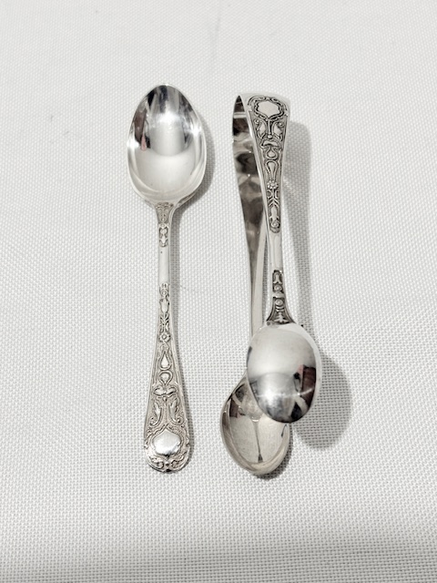 Antique Silver Plated Boxed Set of Six Tea Spoons and Sugar Tongs