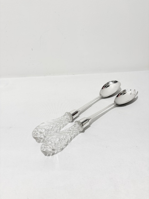 Antique Pair of Silver Plated and Glass Salad Servers