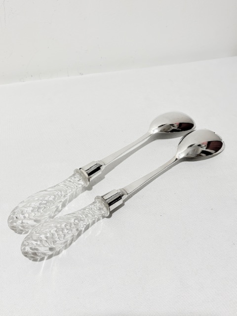 Antique Pair of Silver Plated and Glass Salad Servers
