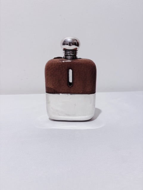 Vintage Silver Plated and Cow Hide Hip Flask (c.1930)