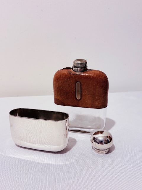 Vintage Silver Plated and Cow Hide Hip Flask