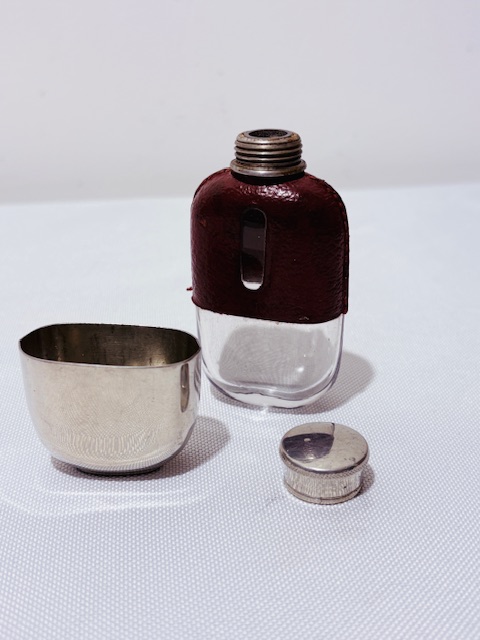 Vintage Silver Plated and Leather Bound Hip Flask 1oz Capacity