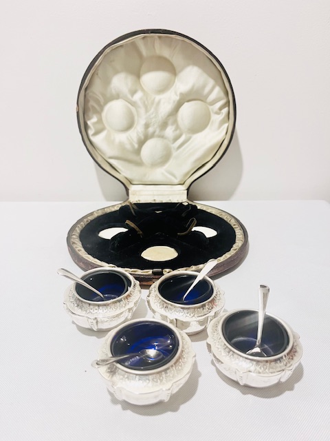 Set of Four Boxed Antique Silver Plated Salt Cellars
