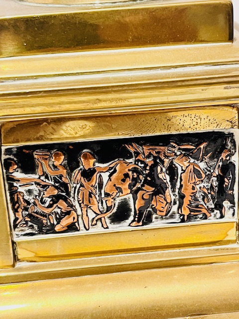 Pair of Antique Gilded Urns or Vases with Copper Panels of Grecian or Roman Scenes