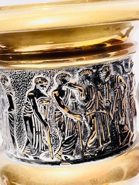 Pair of Antique Gilded Urns or Vases with Copper Panels of Grecian or Roman Scenes