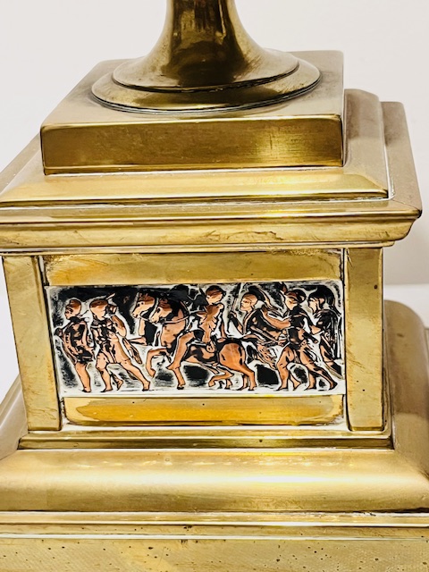 Pair of Antique Gilded Urns or Vases with Copper Panels of Grecian or Roman Scenes