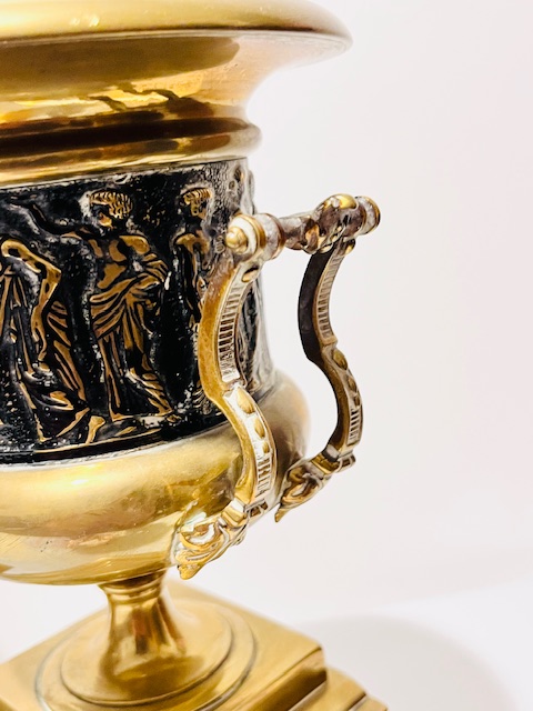 Pair of Antique Gilded Urns or Vases with Copper Panels of Grecian or Roman Scenes