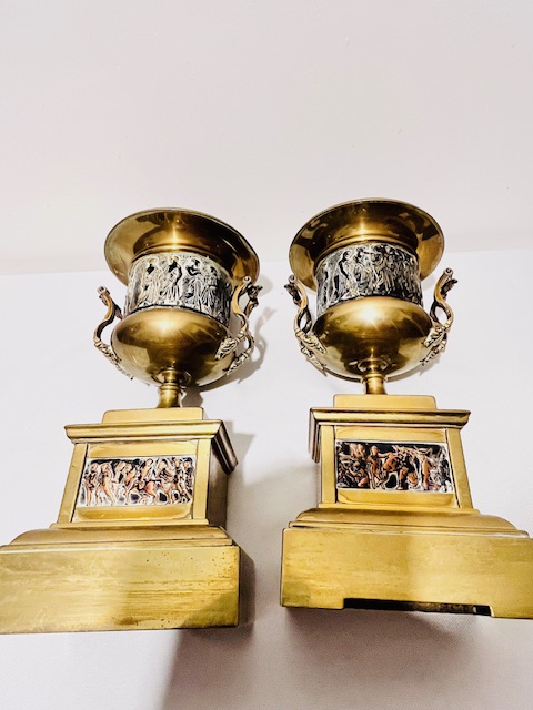 Pair of Antique Gilded Urns or Vases with Copper Panels of Grecian or Roman Scenes