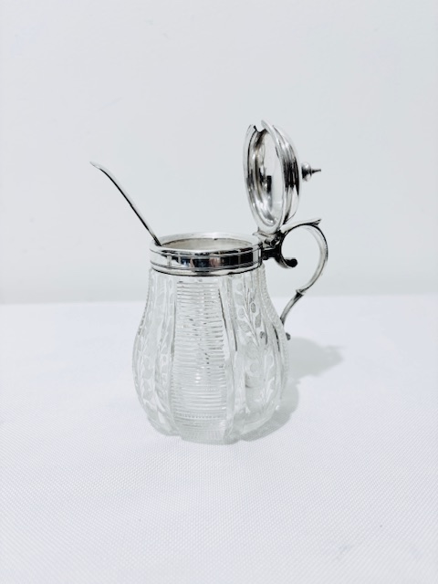 Antique Silver Plated and Cut Glass Mustard Pot with Side Looped Handle