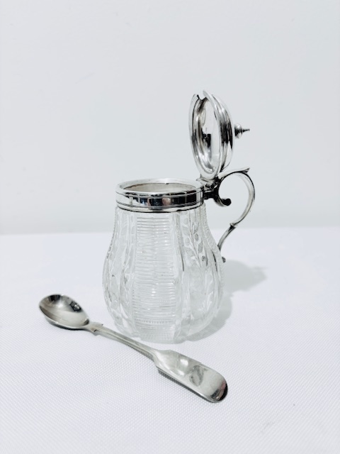 Antique Silver Plated and Cut Glass Mustard Pot with Side Looped Handle