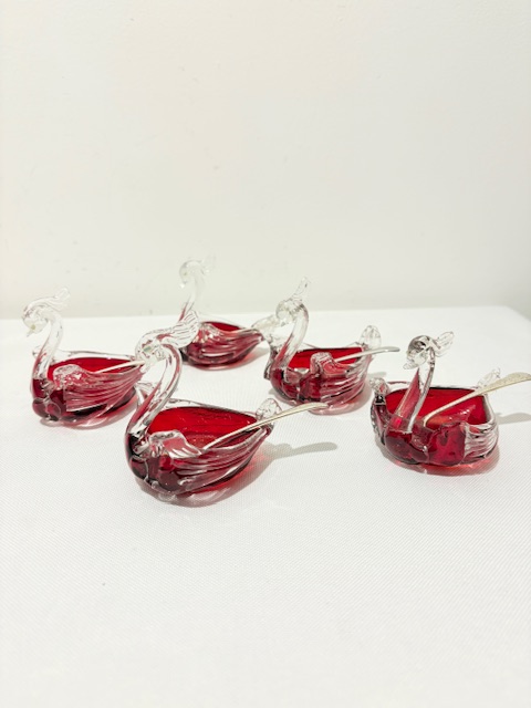 Charming Set of Five Novelty Vintage Glass Swan Shaped Salts