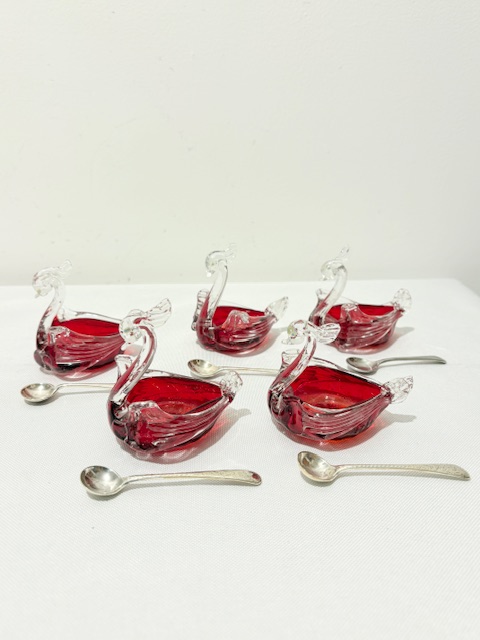 Charming Set of Five Novelty Vintage Glass Swan Shaped Salts