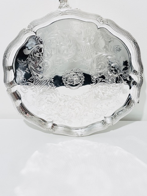 Antique Silver Plated Salver with Central Crest or Armorial
