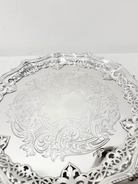 Antique Silver Plated Salver by Elkington & Company on 3 Elaborate Feet Antique Silver Plated Salver by Elkington & Company on 3 Elaborate Feet