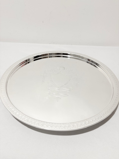 Antique Silver Plated Salver Geometrically Engraved Around the Edge Antique Silver Plated Salver Geometrically Engraved Around the Edge