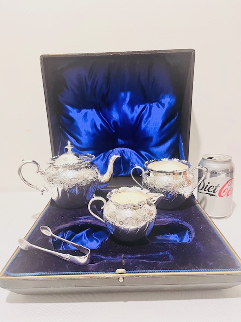 Antique Silver Plated Three Piece Tea Set in Original Presentation Box