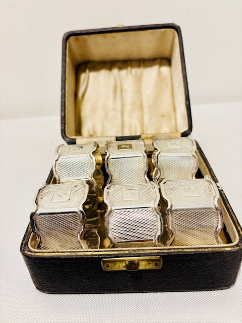 Six Boxed Solid Silver Hexagon Shaped Napkin or Serviette Rings