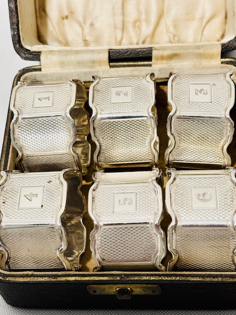 Six Boxed Solid Silver Hexagon Shaped Napkin or Serviette Rings