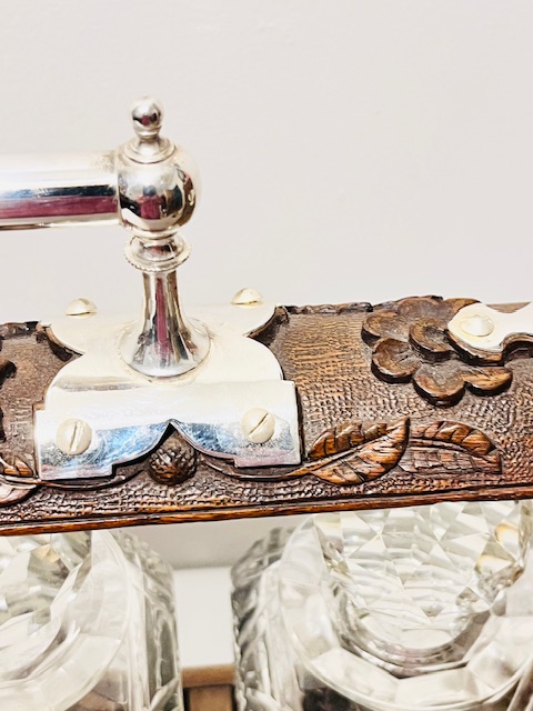 Antique Silver Plated and Carved Oak Tantalus