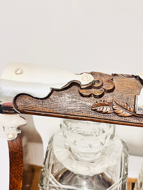 Antique Silver Plated and Carved Oak Tantalus