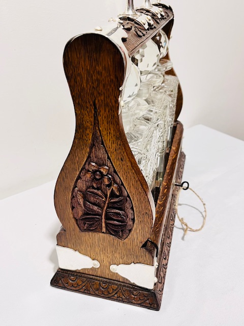 Antique Silver Plated and Carved Oak Tantalus